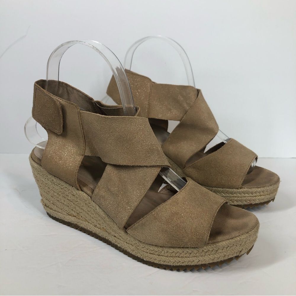 Eileen Fisher Willow Tumbled Leather Wedge Espadrille Sandals Shoes Tan 7.5